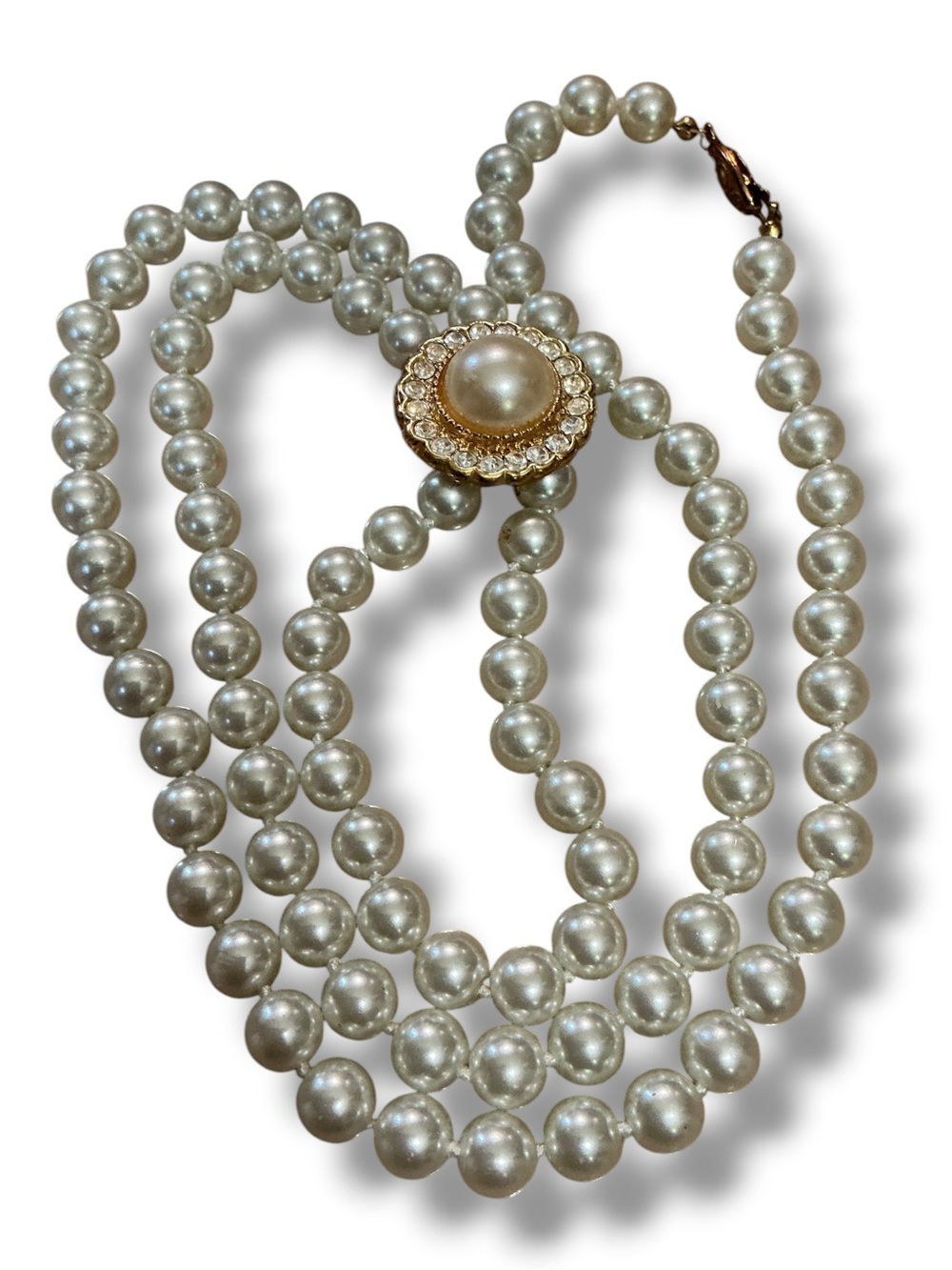Classic Pearl Lariat Necklace with Gold-Tone Rhinestone Accent Enhancer Pendant - Picture 7 of 10